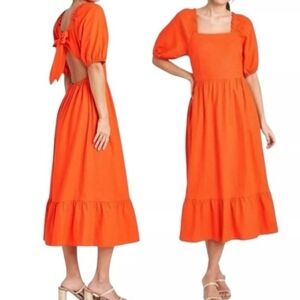 Who What Wear Orange Linen Blend Puff Sleeve Tie Back Cut Out Midi Dress M